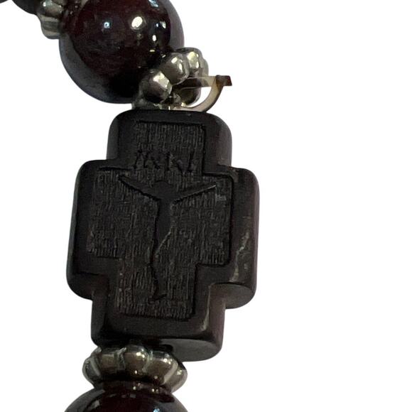 Natural Gemstone and  Wood Rosary Bracelet with Cross Stretch - Picture 3 of 5